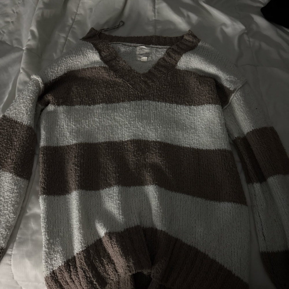Hippie Rose Brown and White V-Neck Sweater